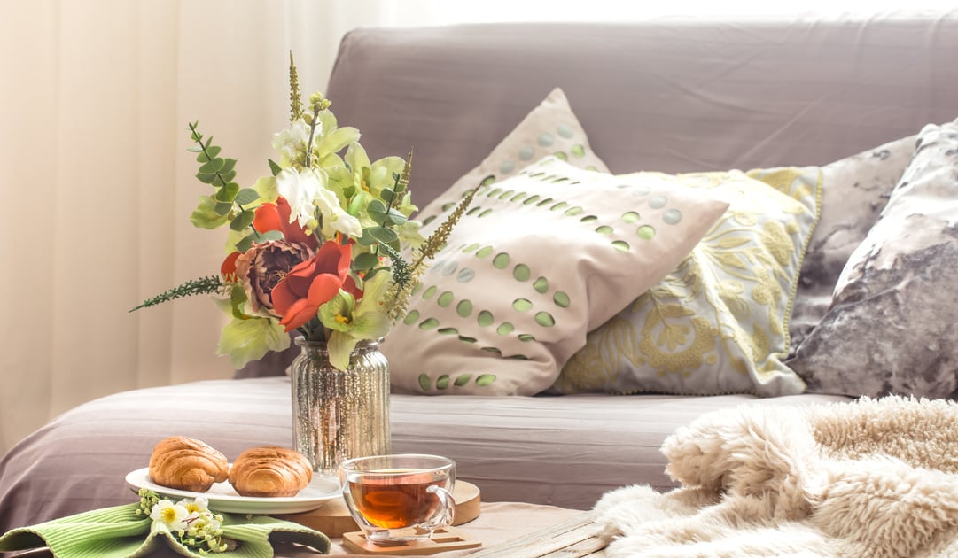 Homely cozy spring interior in the living room